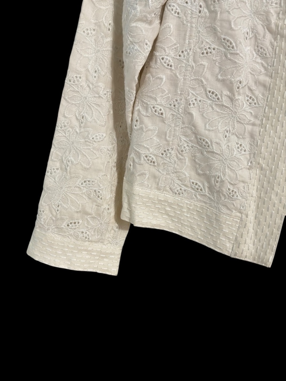 Carole Little Ivory Linen Embroidered Jacket S Open Front Floral Eyelet Blazer - Picture 4 of 10